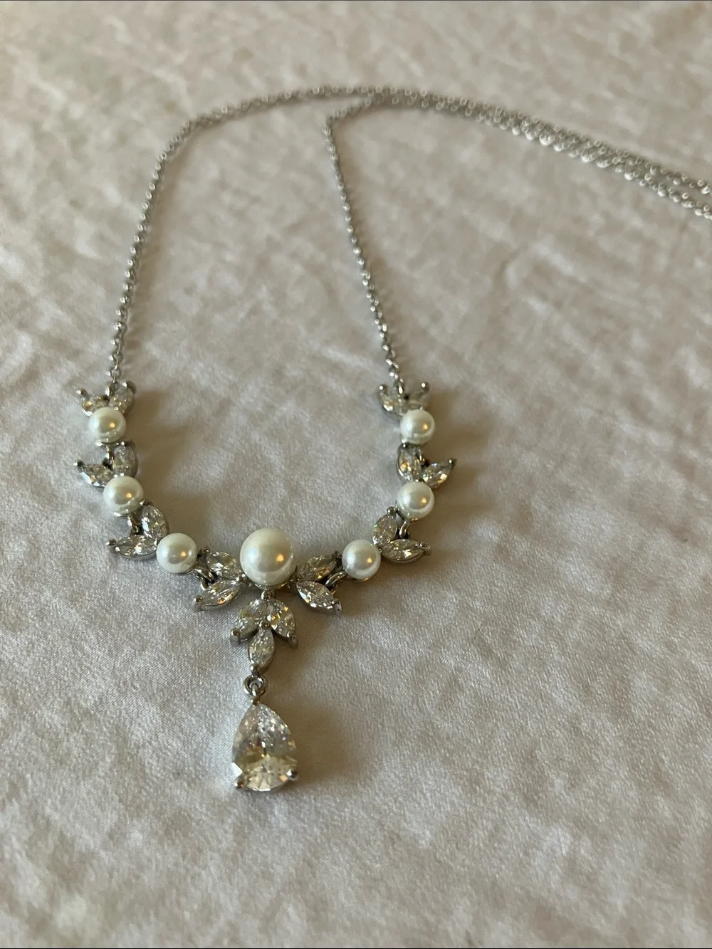 Faux Pearl & Crystal Drop Necklace - Silver Tone